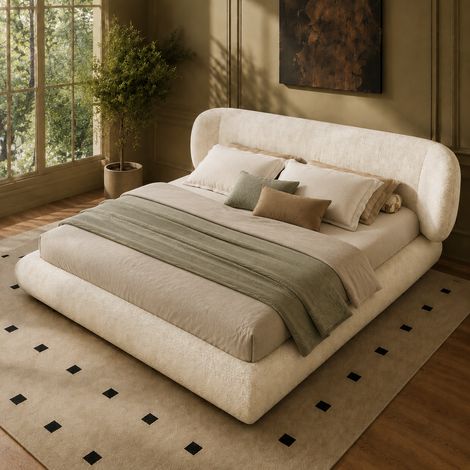MODFU – Letto matrimoniale 140x200 cm in ciniglia con testiera imbottita, schiuma 12 cm, rete a doghe e carico 300 kg – Beige (1/5)