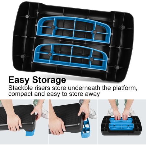 Stepper fitness aérobique bleu, hauteur ajustable 10-15 cm, plateforme stable, rangement facile, appareil d'exercice compact pour maison. (1/5)