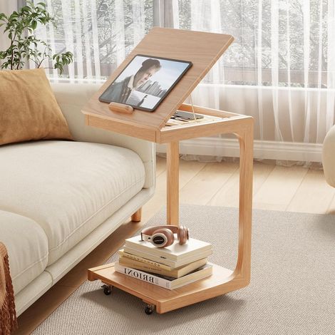 Table d'appoint en Bois, Table de canapé à roulettes, Forme C, Table à café Mobile, 40P x 40l x 63H cm, pour Le café et l'ordinateur Portable ,Naturel (1/5)