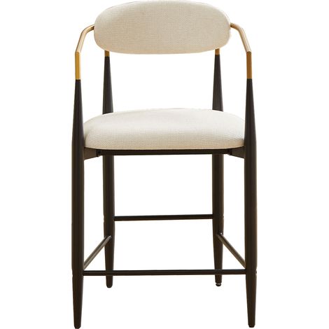 Set de 2 taburetes de bar con reposabrazos, tela beige, estructura negra y detalles dorados (1/5)