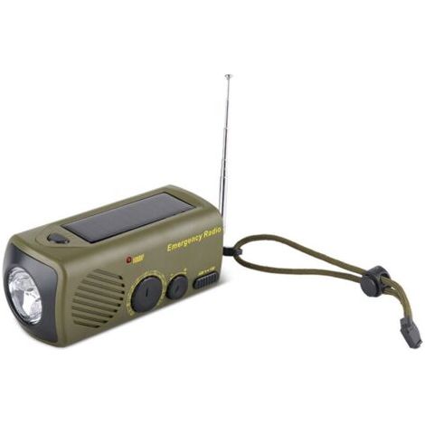 Radio verte (12,85,95,8 cm), chargeur de téléphone d'urgence, lampe torche, générateur à manivelle d'extérieur. (1/5)