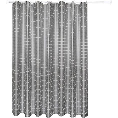 Rideau de douche style bohème champêtre, élégant tissu en lin mélangé avec bordures à pompons décoratifs, design rustique et résistant pour salle de bain, gris (1/5)