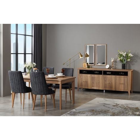 Comedor completo PERA con 4 sillas madera, negro y dorado
