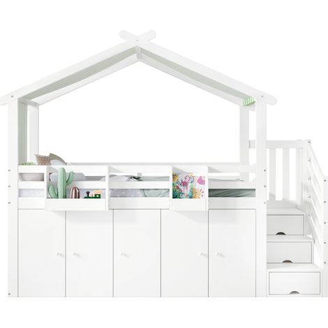Lit superposé enfant 90 x 200 cm avec escalier de rangement, garde-corps, blanc et vert (1/5)