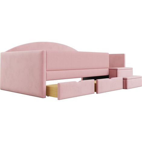 Letto imbottito 90 x 190 cm con 2 cassetti, sponda di sicurezza e gradini, velluto rosa (1/5)