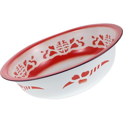 Bol à pétrir émaillé vintage, 34 cm d'épaisseur, rouge, avec deux peignes (1/4)