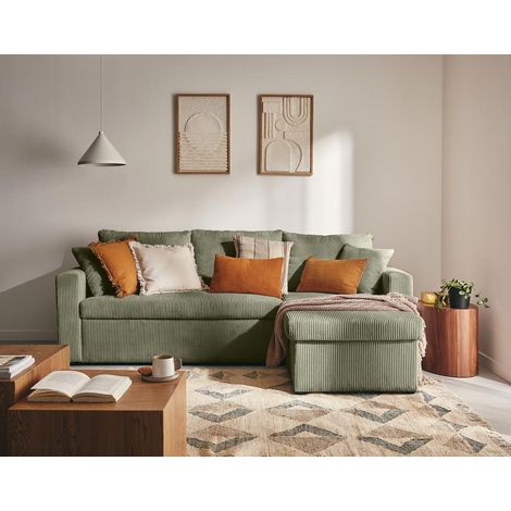 Bestmobilier – Canapé d'angle réversible 4 places – Convertible avec coffre – Velours côtelé 100% polyester – Dimensions 222x83x147 cm – Couchage 115x190 cm