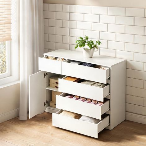 Meuble de rangement avec 5 tiroirs blanc en panneaux (1/5)