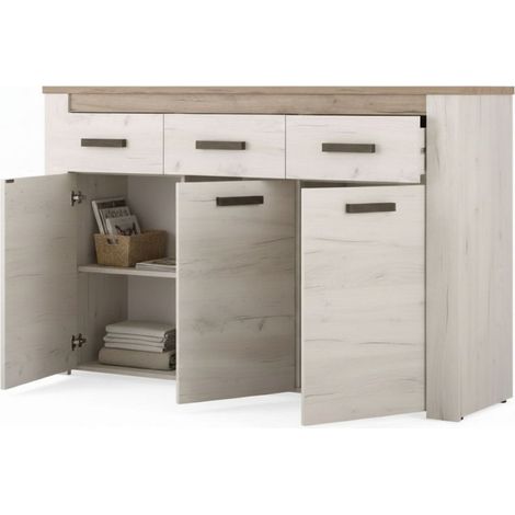 Credenza Scene, Anrichte 3 Böden, 3 Schubladen, 3 Türen, 160x36,5x98h cm Weiß Lärche