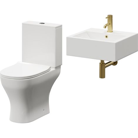 Elvas 470mm Wall Hung Basin and Toilet Suite including Round Brushed Brass Bottle Trap and Open Back Toilet (1/5)
