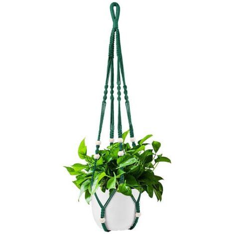 85cm Dark Green Cotton Rope Indoor Plant Hanger with Wooden Beads for Home Decor, No Hook, 1 Pair (1/5)