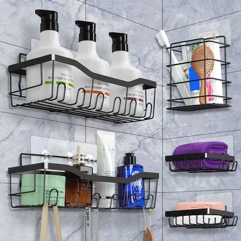 Etagere Douche, Lot de 5 Etagere Salle de Bain Etagere et Crochets Douche sans Percage étagères murales adhésives Etagere Rangement de salle de bain porte shampoing douche noir (1/5)