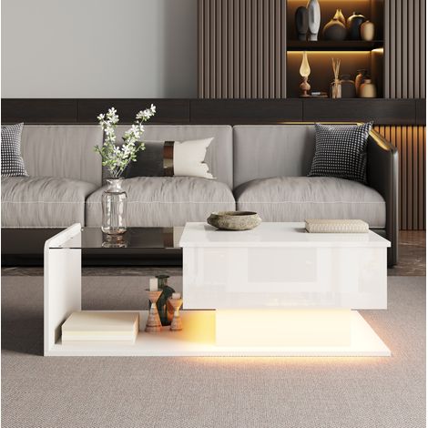 Mesa de centro elevable 100x50x47,5 cm, vidrio blanco, almacenaje, FloraGrace (1/5)
