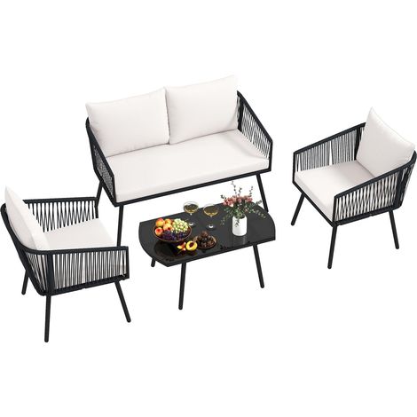 Set di mobili da giardino da 4 pezzi, set da conversazione in corda intrecciata in PE con cuscini e tavolino da caffè in vetro temperato, per giardino e bordo piscina (1/5)
