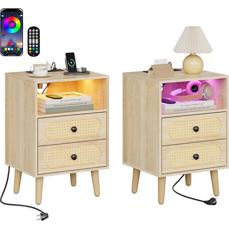 WOLTU 2x Nachttisch, Nachtschrank Sofatisch mit Ladefunktion LED-Beleuchtung, Beistelltisch mit 2 Schubladen, 1 offenem Fach, für Schlafzimmer Wohnzimmer, 40x35x60 cm, Helle Eiche (1/5)