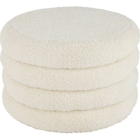 Pouf rond blanc teddy en polyresine assise cocooning élégante - Blanc effet laine bouclée (1/2)