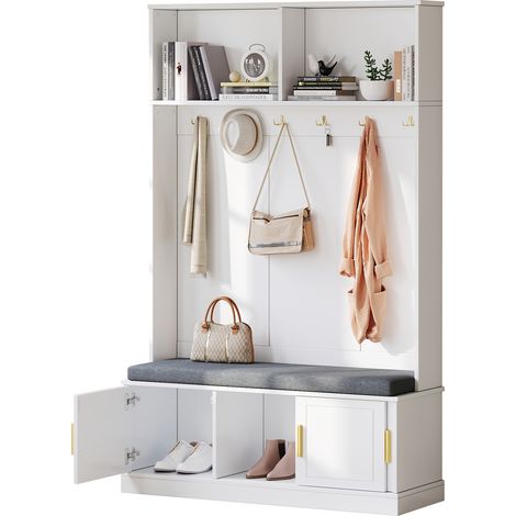 ELVMI Mobile da Ingresso con 6 Ganci, Panca e Scaffale per Scarpe per Ingresso in Truciolare 120 × 40 × 191 cm Bianco (1/5)