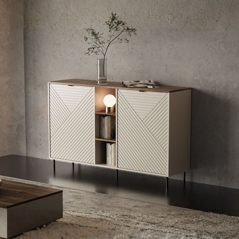 Credenza Mirage08 con 2 ante design geometrico e vani a giorno – Cashmere e Rovere (1/5)