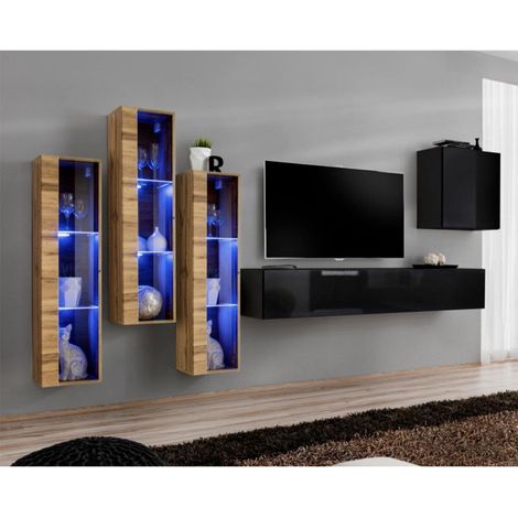 Meuble TV Mural Design "Switch XIII" 330cm Noir & Naturel (1/4)