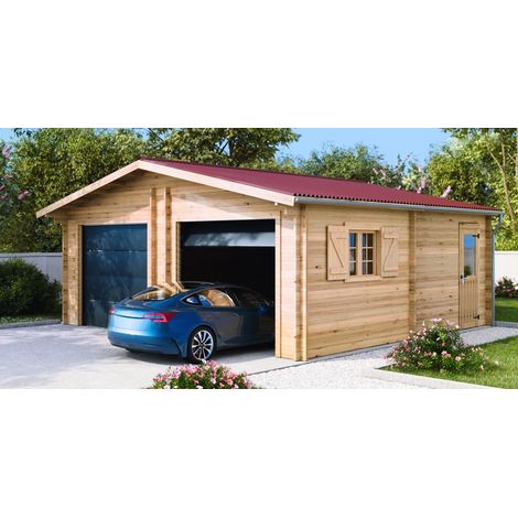 HABRITA Garage bois massif double 38,44 m² madriers 60 mm - toit double pente ONDUCHAPE VV - portes sectionnelles motorisées