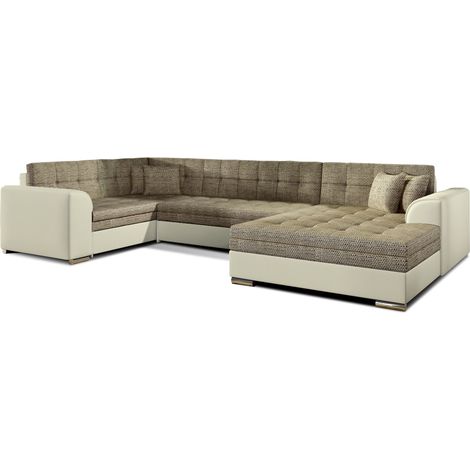 Canapé convertible panoramique tissu beige chiné et simili beige méridienne à droite Diana 340cm (1/5)