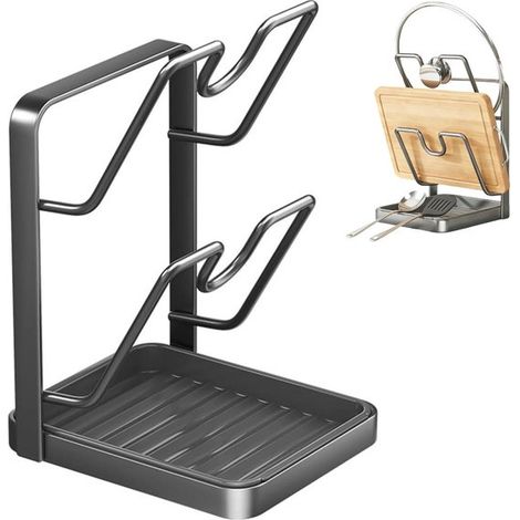 Porte-couvercles – Système de rangement – Porte-couvercles avec bac récupérateur de graisse – Accessoire de cuisine – Organisateur gain de place – Acier au carbone – Gris anthracite (1/5)