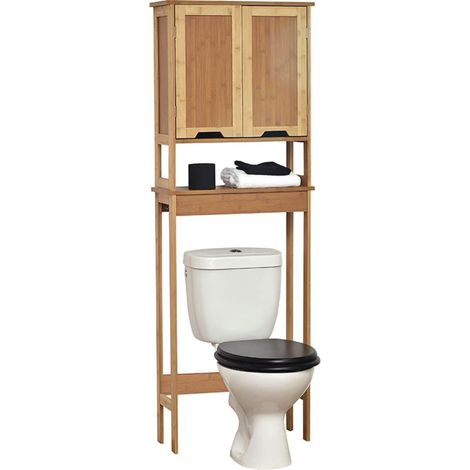Tendance – Meuble de rangement pour WC en bambou – 2 portes, 1 étagère, 1 tablette – Dimensions 106x31x15 cm – Autoportant, kit de fixation inclus (1/5)