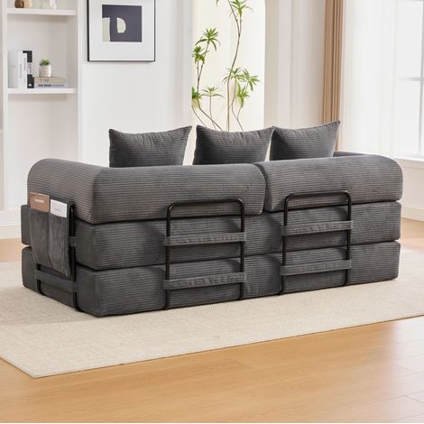 Divano modulare 200x94x67 cm, trasformabile, con tasca laterale, 3 cuscini, struttura in metallo, velluto a coste grigio scuro (1/5)