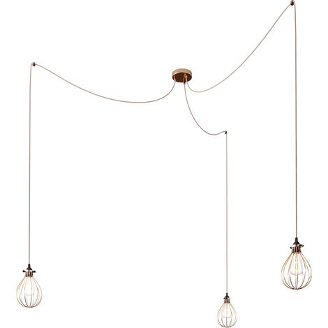 Spider - Lampada a sospensione multipla a 3 cadute Made in Italy completa di cavo tessile e paralume Drop  Montato - Senza lampadina - Rame - Matter ON/OFF