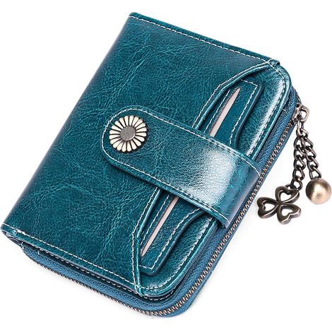 Petit portefeuille compact en cuir pour femme avec protection RFID (bleu)