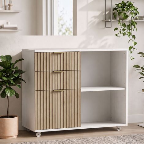 Meuble pour imprimante à roulettes, 3 tiroirs, barre réglable, blanc (1/5)