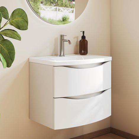 Meuble De Salle De Bain 60 cm avec Vasque en Fonte Minérale – 2 Tiroirs À Fermeture Amortie, Gain De Place, Idéal pour WC Invités, Blanc Mat (1/5)