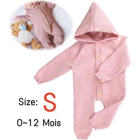 Gigoteuse,Sac De Couchage À Capuche avec boutons,Turbulette Tricotée,Grenouillère à Manches Longues Bébé,pour Tout-petits,Fille,Rose (1/3)