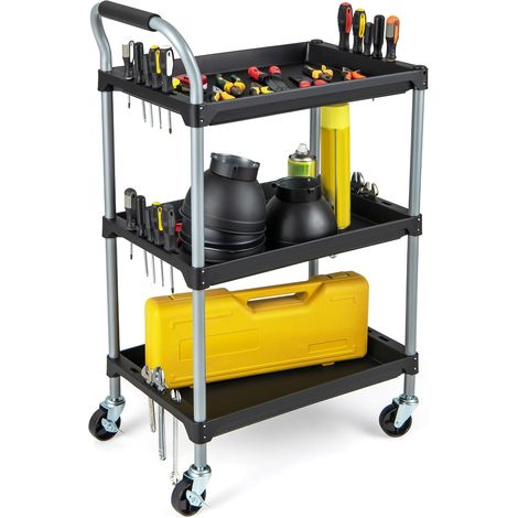 GOPLUS Chariot Servante Outils, Chariot de Service Porte Outils à 3 Étagères avec Trous de Suspension avec 4 Roues et Poignée, pour Garage, Atelier et Entrepôt, 64 x 40 x 102 CM (1/5)