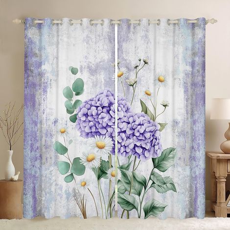 Rideau Occultant 140x260 cm Fleurs D'Hydrangee D'Aquarelle, Rideau Peinture À l'huile Abstraite, Rideaux Voilage Ferme Rustique, Voilage Fenetre Ombre Violet Violet Blanc pour Chambre Salon - 140L X 2 (1/5)