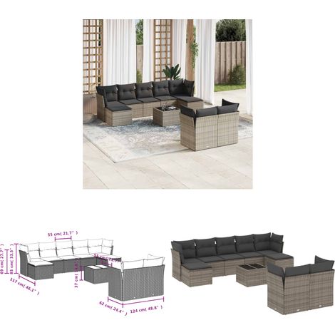 10-tlg. Garten-Sofagarnitur mit Kissen Grau Poly Rattan - Gartenmöbel Set - PE-Rattan Möbel - Outdoor Sofa - Esstisch - Lounge Set - Home & Living (1/3)