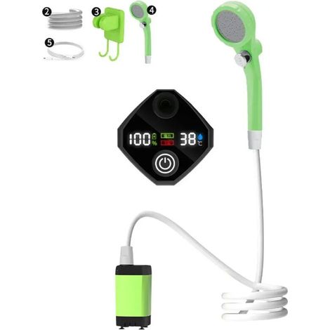 Pompe de douche électrique portable rechargeable (6000 mAh, verte) pour le camping et l'extérieur, avec affichage numérique intelligent.