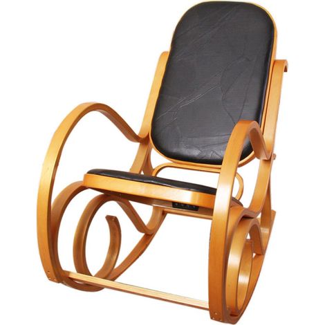 Schaukelstuhl Gallarate, Schwingsessel Fernsehsessel, Massiv-Holz Eiche-Optik, Patchworkleder schwarz