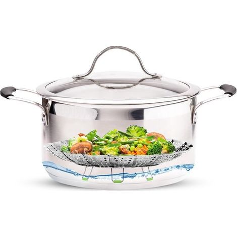 Cuiseur vapeur pour légumes - Panier vapeur - Cuiseur vapeur en acier inoxydable - Compatible avec toutes les casseroles - Rétractable - Réglable - Doublure vapeur pliable - Avec poignée télescopique