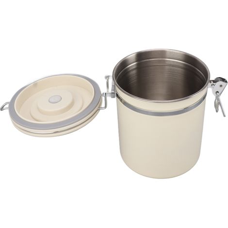 Boîte à café 1,5 L avec dosette, indicateur de date, en acier inoxydable, polyvalente et hermétique, couleur beige. (1/5)