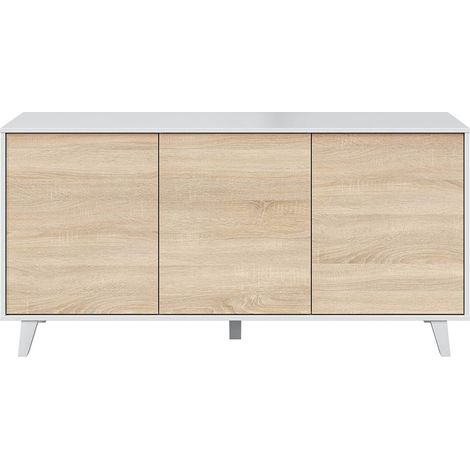 Buffet avec 3 Portes coloris blanc brillant et chêne - L 154 x P 41 x H 75 cm