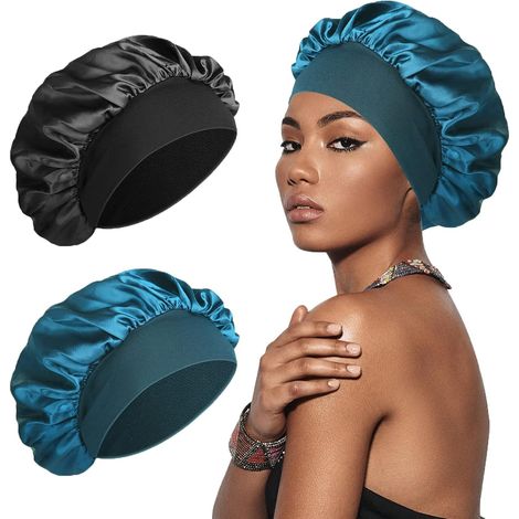 Conjunto de gorro de dormir de 2 piezas, satén de seda, diadema elástica, antideslizante, negro y azul pavo real, para dormir y para el cuidado del cabello. (1/5)