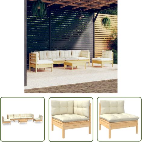 The Living Store 7-tlg. Garten-Lounge-Set mit Creme Kissen Massivholz Kiefer - Gartenzubehör - Lounge Set - Gartenmöbel - Outdoor Möbel - Rattan Gartenmöbel (1/5)