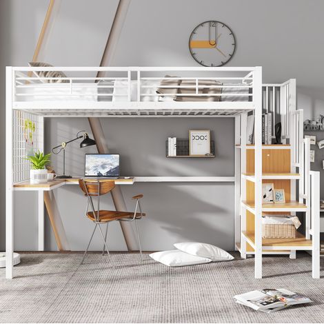 Hochbett modern 90x200 cm aus Metall und Holzwerkstoff, Weiß+Natur, mit Kleiderschrank, Schreibtisch und seitlicher Treppe (1/5)