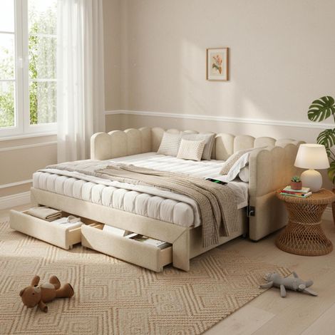 Letto singolo estraibile 90x190 cm beige in ciniglia con 2 cassetti e porte USB/Type-C (1/5)