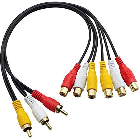 Câble répartiteur audio vidéo 3 RCA mâle vers 6 RCA femelles - Adaptateur AV composite pour TV, DVD, décodeur, etc. - 0,3 m. (1/4)