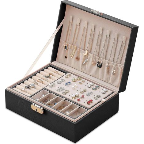 bote(noir) Bijoux Pour Femme, Coffret Bijoux En Cuir Verrouillable De Voyage 2 Couches Organisateur Bijoux, Petit Jewelry Stockage Cas Rangement (1/5)