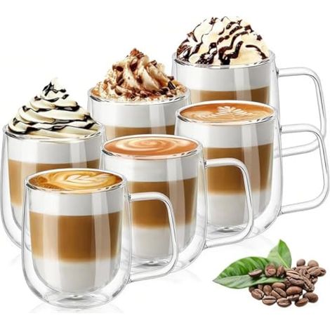 6x250ml Verres à Café Double Paroi, Tasses en Verre Borosilicate Résistant à la Chaleur avec Poignée, Verres pour Cappuccino Latte Macchiato, Tasse pour Café Thé Lait Jus Glace (1/5)