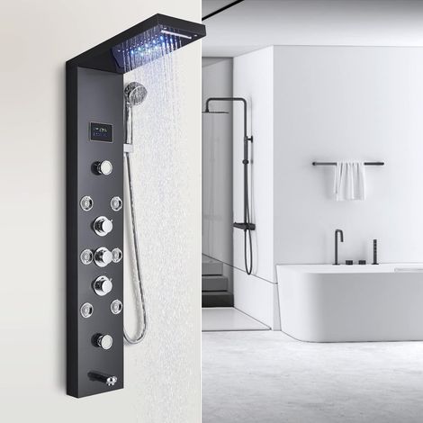 Zamery – Colonne de douche hydromassante noire – 4 jets massants – Douche à main avec écran LCD – Acier inoxydable – Montage mural (1/5)