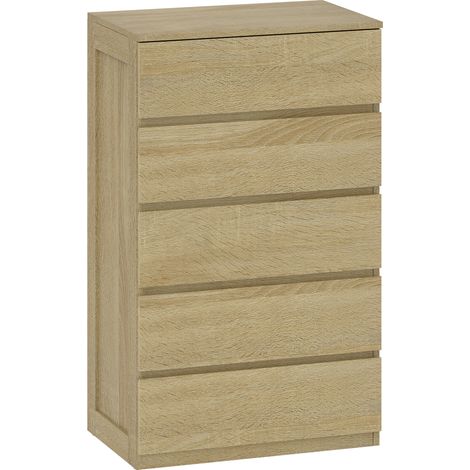 Cassettiera 5 Cassetti 60x39x100 cm in Legno con Guide in Metallo e Maniglie Scanalate color Faggio (1/5)